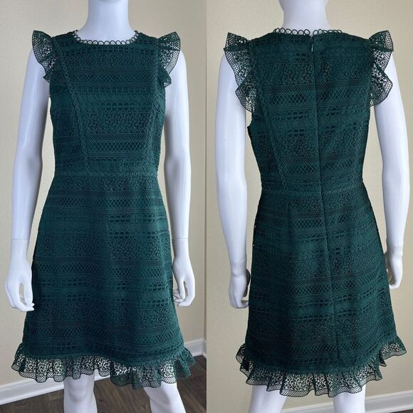 J.Crew Women Size 2 Green Cap Sleeve Ruffle Lace Mini Sheath Dress Party Holiday - Picture 1 of 16